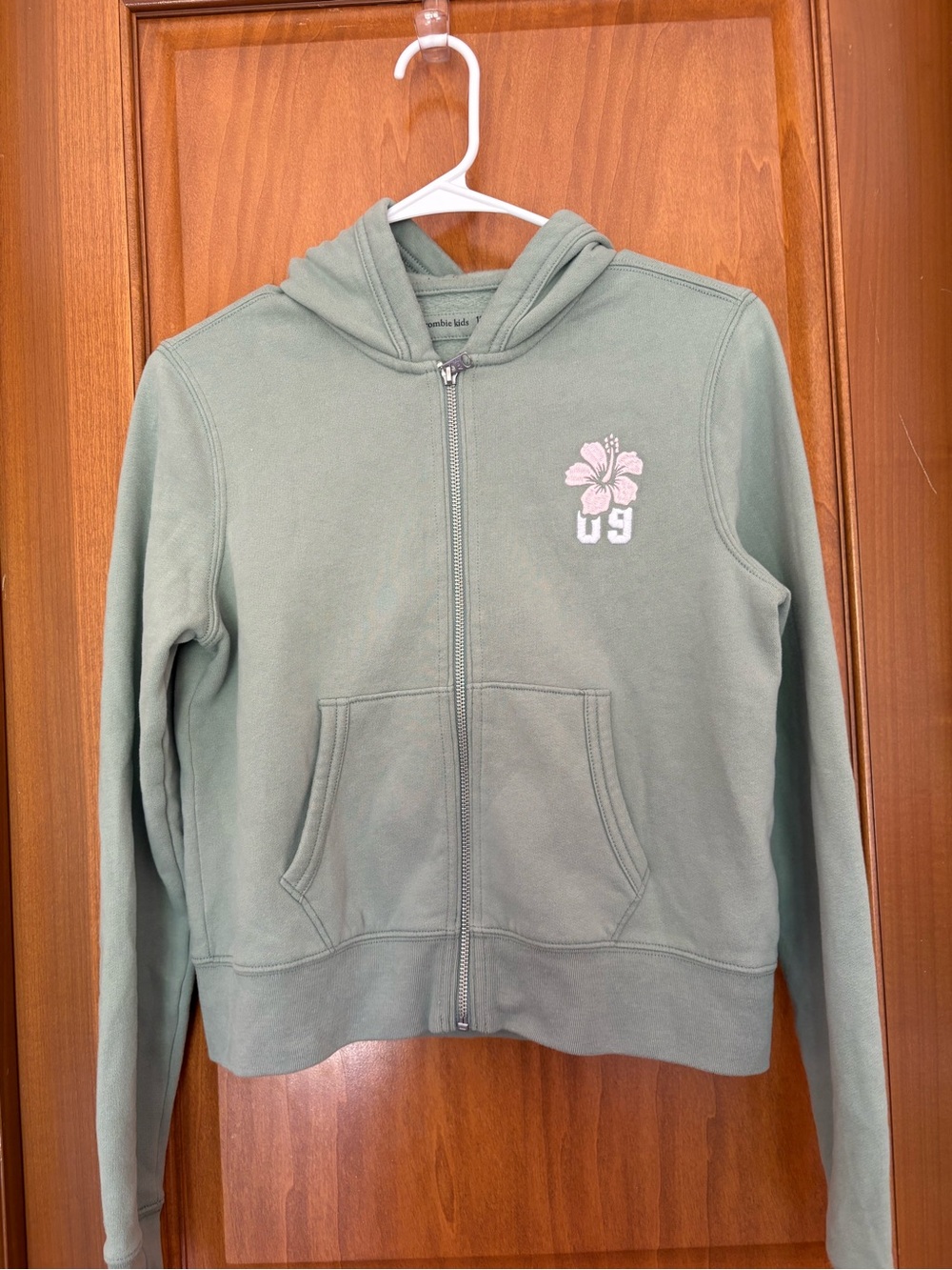 abercrombie kids Sage Green Zip-Up Hoodie with Pink Floral Embroidery